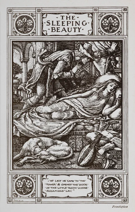 Illustrated frontispiece of Household Stories, from the collection of the Brothers Grimm. A woman lies asleep on a bed, surrounded by a sleeping dog and a musical instrument while a man in a hat watches over her. The caption reads: The Sleeping Beauty - at last he came to the tower & opened the door of the little room where Rosamond lay.