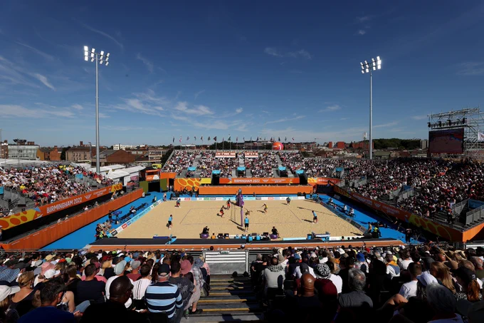 A game of beach volleyball during Birmingham 2022 at Smithfield. 