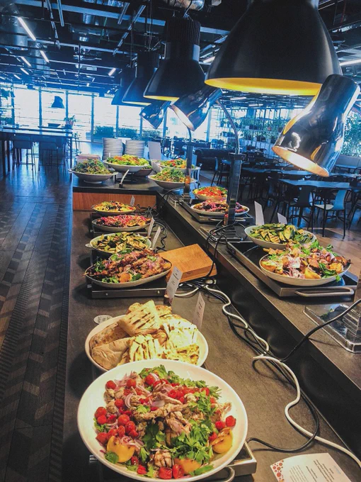 Buffet of varied meals served at a London office canteen