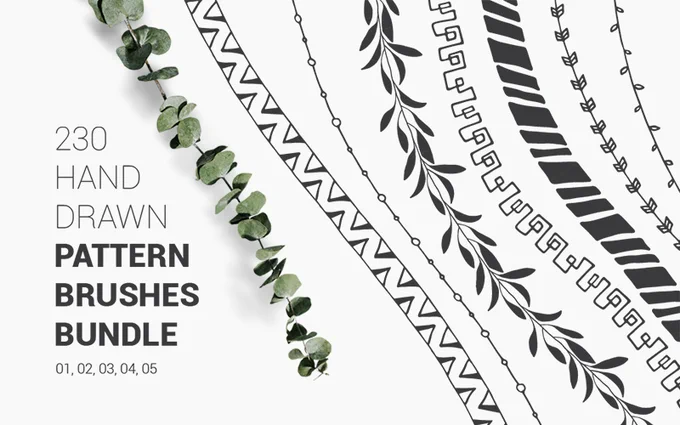 Set of 230 geometric, tribal, and floral pattern brushes, which were all hand drawn with love, scanned, and carefully vectorized. You can use them to create mandalas, patterns, decorative frames, borders and dividers, and all kinds of decorative design elements for scrapbooking, journaling, wedding and party invitations, birthday cards, photo albums, baby shower cards, banners, logos, business cards and stationery, tags, labels, stickers, websites, blogs, etc.