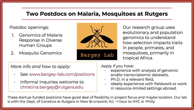 Postdoc ad for two jobs with the Bergey Lab at Rutgers University. See link in tweet for more info.