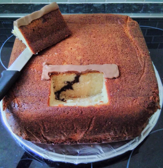 Square sponge cake on a plate wrapped in aluminium foil, a small surface wedge has been cut out of the top surface of the cake, shows a brown branched line running diagonally along the cake cross section. The wedge is somewhere else on the cake surface on top of a knife. A wide strip of chocolate is piped onto the surface and intersects the vertical cut line of the wedge.