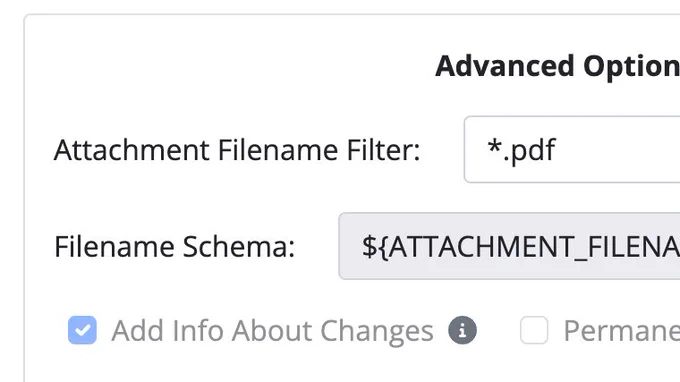"Attachment Filename Filter" and "Filename Schema" options.