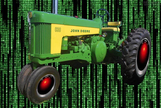 A vintage John Deere tractor whose wheel hubs have been replaced with HAL 9000 eyes, matted over a background of the cyber-waterfall image from The Matrix.


Image:
Cryteria (modified)
https://commons.wikimedia.org/wiki/File:HAL9000.svg

CC BY 3.0:
https://creativecommons.org/licenses/by/3.0/deed.en