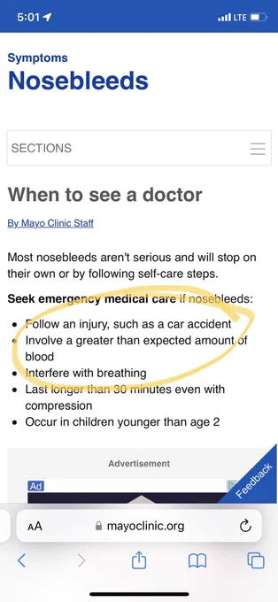 Screenshot of first paragraph and bullet list from Mayo Clinic site: https://www.mayoclinic.org/symptoms/nosebleeds/basics/when-to-see-doctor/sym-20050914 about nosebleeds and when to seek medical attention.