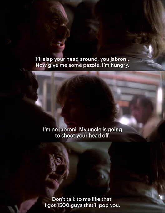 three images of luke being accosted by dr. evazan at the cantina. the first caption says "I'll slap your head around, you jabroni. Now give me some pazole, I'm hungry." the second is luke responding "I'm not jabroni. My uncle is going to shoot your head off." and the third is evazan saying "Don't talk to me like that. I got 1500 guys that'll pop you."