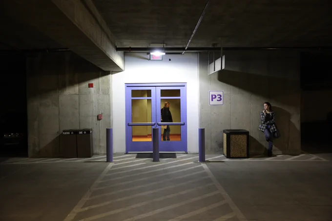 The iconic HHM parking garage, with me and producer Nina Jack standing in for Kim and Jimmy.