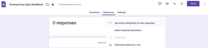 screenshot of responses option in google forms that allows you to get email notifications for responses