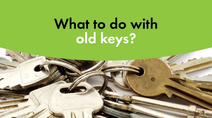 A white background with a photograph of multiple silver keychains with lots of metal keys attached. Above this the top half of the image is a green filled semi-circle that includes bold black text in the centre that reads: "What to do with.." and bold white text below that reads: "old keys?"