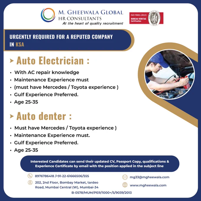 #electrician #autoacelectrcian #autoelectrician #electricaljob #denter #cardenter #dentingjob #autodenter #automobileindustry #gccexperience #ethicalrecruitment #manpower #mgheewala #mgheewalajobs #saudijobs #saudivacancy