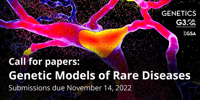 Computer-graphic of a colorful neuron advertising a Call for Papers on Genetic Models of Rare Diseases from GENETICS and G3 journals. Submissions due November 14, 2022.