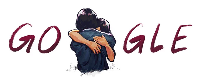 An illustration of the upper bodies of two people embracing is centered in the frame. They stand in for the second "O" in the "Google" logo, which is written in dark red capital letters atop a white background. 