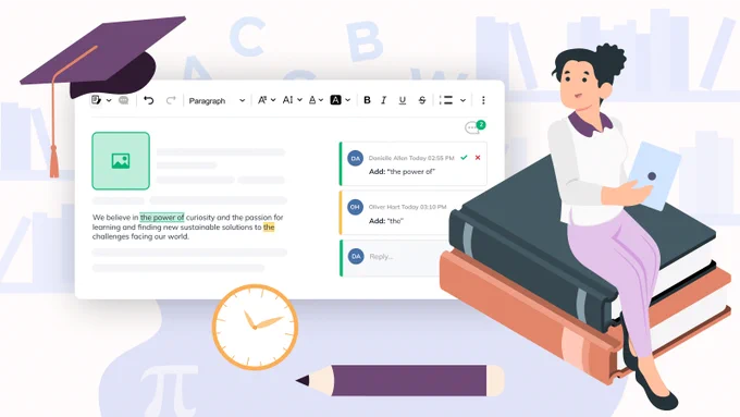 The graphic shows an open application with collaboration features like track changes and comments. There's a square graduate cap in the top left corner. In the bottom right corner, there's a woman sitting on top of some books. And next to her, in the central bottom part of the graphic, there is a pencil and a clock.