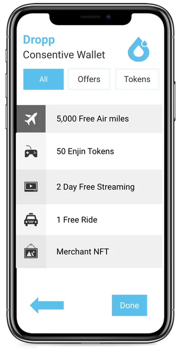 Screenshot of Dropp wallet showing incentive payments from advertisers given in exchange for consent to process private data.