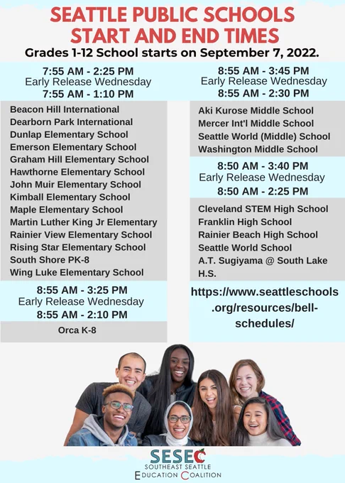 Seattle Public Schools Start and End Times - Grades 1-12 start school Sept 7, 2022. Complete list of times in link in Tweet