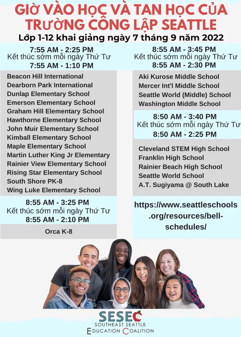 Seattle Public Schools Start and End Times - Grades 1-12 start school Sept 7, 2022. Complete list of times in link in Tweet. Vietnamese flier