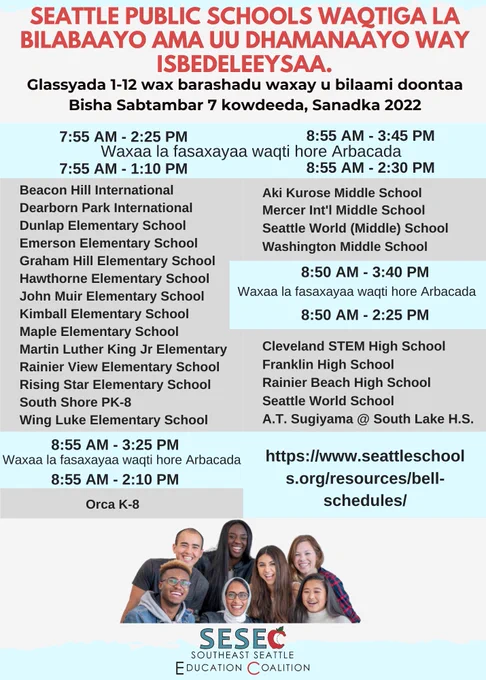 Seattle Public Schools Start and End Times - Grades 1-12 start school Sept 7, 2022. Complete list of times in link in Tweet, Somali translated flier