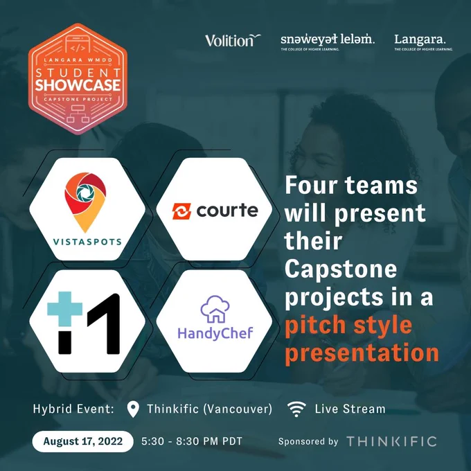 Text reads: Four teams will present their Capstone projects in a pitch style presentation. August 17, 2020. 6-8 PM PST