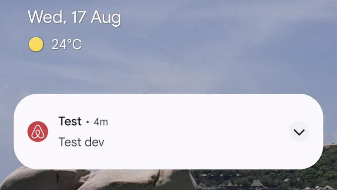 Notification from Airbnb that says "Test" and the message is "Test dev"