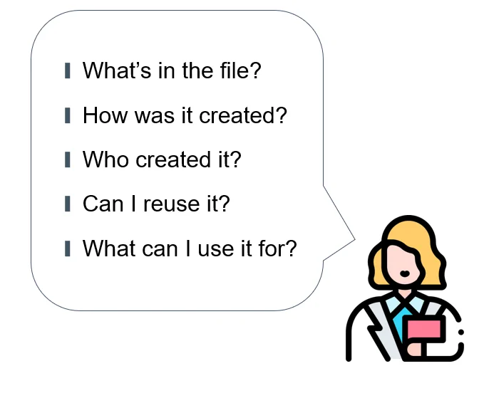 A researcher with a speech bubble asking:
What’s in the file?
How was it created?
Who created it?
Can I reuse it?
What can I use it for?