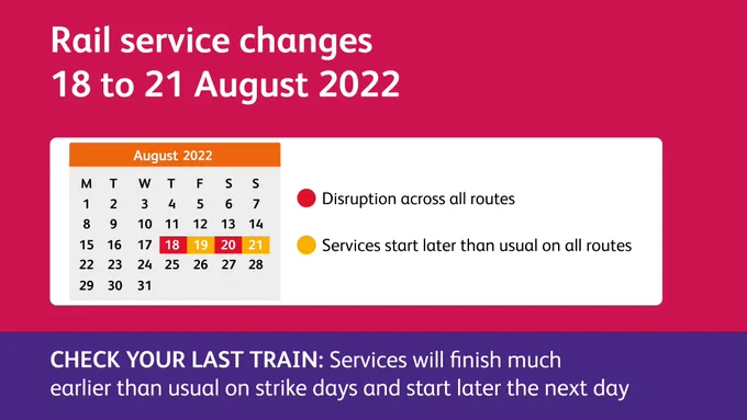 Illustration of a calendar graphic showing industrial action is taking place from 18 to 21 August