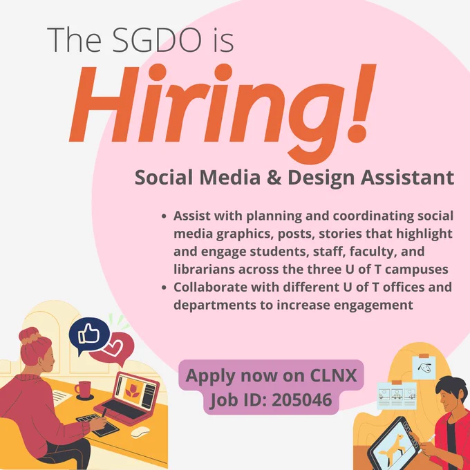 Social Media & Design Assistant

Assist with planning and coordinating social media graphics, posts, stories that highlight and engage students, staff, faculty, and librarians across the three U of T campuses  
Collaborate with different U of T offices and departments to increase engagement

Apply now on CLNX
Job ID: 205046