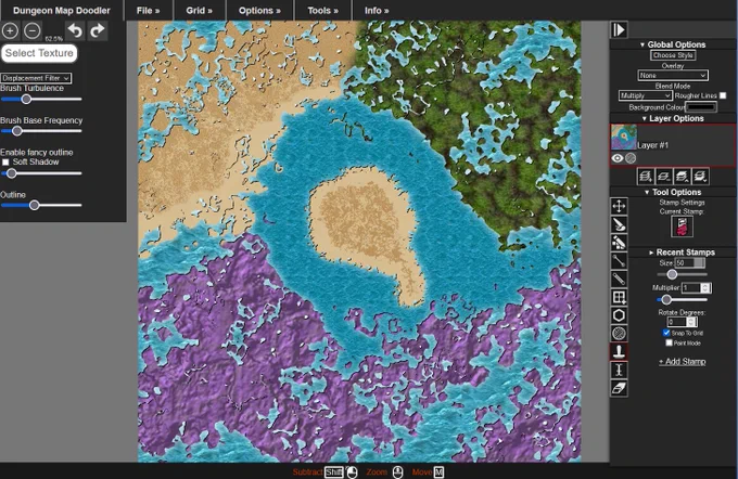 Map made in Dungeon Map Doodler showing off new Dynamic Brush tool, and ways you can combine different terrain textures