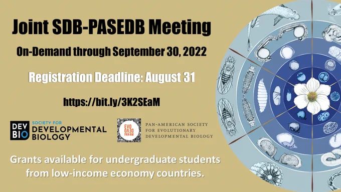 Joint SDB-PASEDB Meeting
On-Demand through September 30, 2022
Registration Deadline: August 31
https://bit.ly/3K2SEaM
Society for Developmental Biology logo
Pan-American Society for Evolutionary Developmental Biology logo
Grants available for undergrduate students from low-income economy countries.
Joint SDB-PASEDB Meeting Poster with developing fly, fish, mouse, sea urchin, worm, and corn from embryo to adult