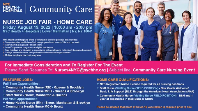 Job recruitment flyer for nurses, job opportunities at NYC Health   Hospitals/ Community Care, Friday, August 19 at 10:00, image of a group of diverse nurses. 