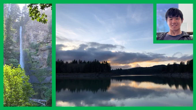 A collage of 3 photos: (1) a very tall waterfall in a forest, with an arched bridge in the foreground; (2) a quiet lake at sunset, with trees reflecting in the water; (3) a headshot of David Chang. 