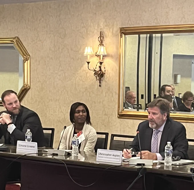 NCJA Executive Director Chris Asplen and Program Manager Simone Greene give a legislative update at the Institute for State Criminal Justice and Public Safety