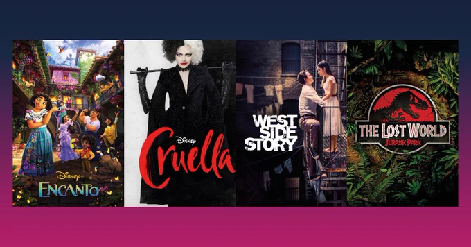 Film poster collage: 'Encanto', 'Cruella', 'West Side Story' and 'Jurassic Park: The Lost World'.