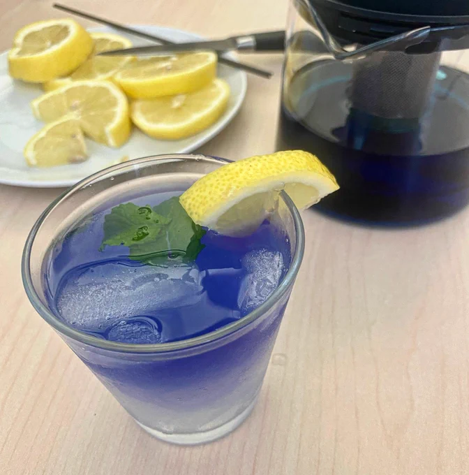 Glass with butterfly pea flower tea layered on soda water, with ice in the glass and mint and lemon garnish. A pot of the tea and sliced lemons are in the background.