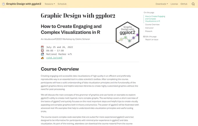 A screenshot of the rstudio::conf(2022) workshop "Graphic Design with ggplot2", available via https://rstudio-conf-2022.github.io/ggplot2-graphic-design/