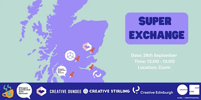 Graphic for SUPER EXCHANGE, featuring a cropped map of Scotland that pin points where four creative networks in Stirling, Glasgow, Dundee and Edinburgh are based. Text info found in tweet/at link.