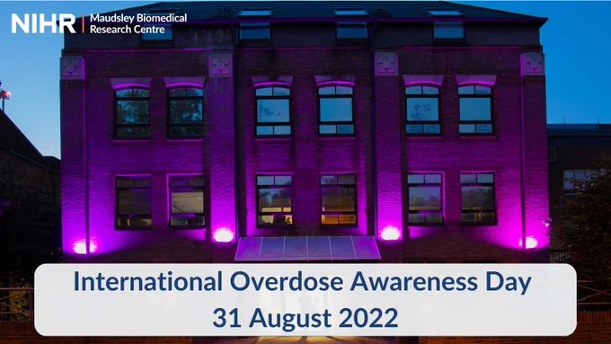 Picture of the National Addiction Centre at King's College London lit up purple for International Overdose Awareness Day on 31 August 2022. 