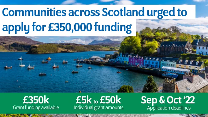 A view from a coastal town on a sunny day, looking out across its harbour. A number of boats and yachts are visible in the water.

Overlaid text on the image announces that £350,000 of funding is available to communities, and provides teaser details about what they can apply for.
