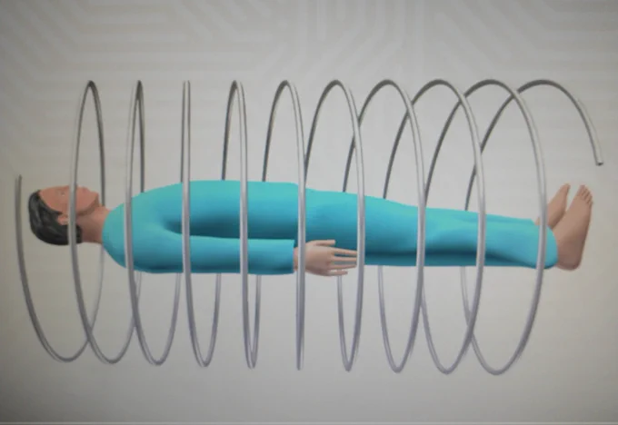 a graphic of a man laying down with a coiled spring around him