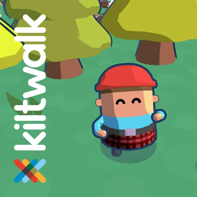 Image with the Kiltwalk Logo, Tyke is walking through their local woods. They're wearing a kilt, not usual but in this case it's definitely warranted!