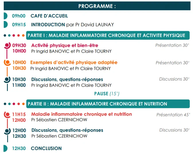 Programme : 

9h CAFE D’ACCUEIL

9h15 INTRODUCTION - Pr David LAUNAY

9h30 - 10H30 Activité physique et bien-être - Pr Ingrid BANOVIC et Pr Claire TOURNY

10h - 10h30 Exemples d’activité physique adaptée - Pr Ingrid BANOVIC et Pr Claire TOURNY

10h30 - 11h Discussions, questions-réponses -  Pr Ingrid BANOVIC et Pr Claire TOURNY

PAUSE (15’)

11h15 - 12h Maladie inflammatoire chronique et nutrition - Pr Sébastien CZERNICHOW

12h - 12h30 Discussions, questions-réponses - Pr Sébastien CZERNICHOW

12h30 : Conclusion