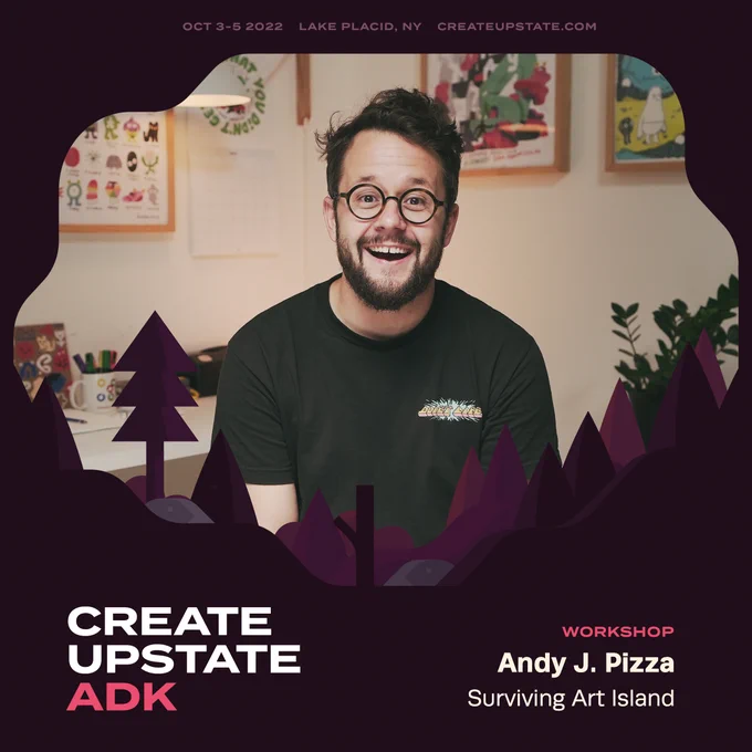 A photo of our workshop host, Andy J. Pizza, in his studio.