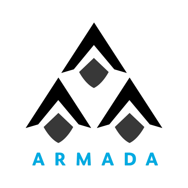 Logo of the Armada project, which is an abstract interpretation of ships moving forward together, as three black triangles enclosing their own black diamond shape, and the word ARMADA written below in turquoise blue.