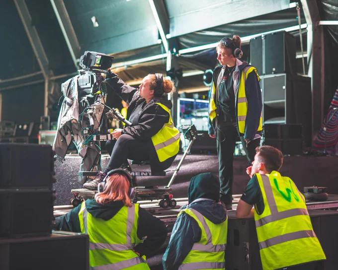 Solent Productions crew members checking out the track and dolly camera