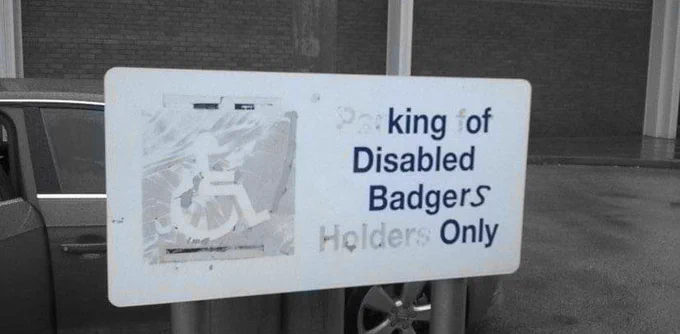 A parking sign that is faded and now reads "King of disabled badgers only" 