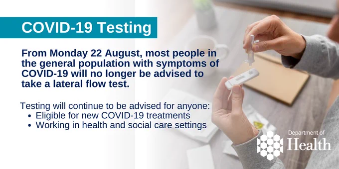 From Monday 22 August, most people in the general population with symptoms of COVID-19 will no longer be advised to 
take a lateral flow test.
Testing will continue to be advised for anyone: 
Eligible for new COVID-19 treatments 
Working in health and social care settings