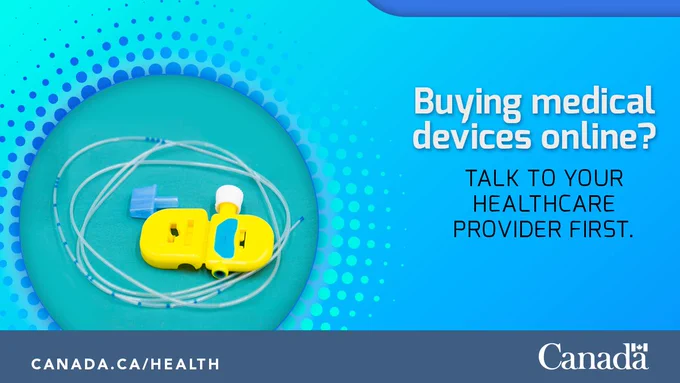 Epidural catheter on a green and blue background. The text reads: Buying medical devices online? Talk to your healthcare provider first.