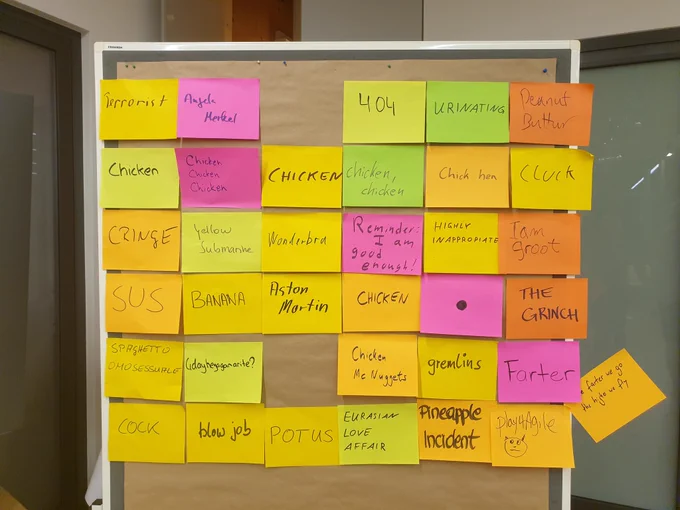 Several rows of colorful large Post Its with words on them on a pin wall. Some Post Its are missing. 
