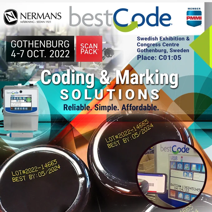 October 4-7 join Nermans Märksystem—BestCode at SCANPACK Gothenburg, Sweden Place: C01:05 in the Swedish Exhibition and Congress Centre. Talk with the Coding and Marking experts. We have solutions for your marking and coding application challenges and look forward to showing you BestCode's innovative, high speed precision printing with AutoCoding Automation. BestCode printing systems code and mark on any color substrates in a rainbow of colors—Yellow, White, Orange, Pink, Silver, Blue, Green, Red and more. Codes shine bright in high contrast Acetone Yellow (MEK Free options) featuring permanence and immediate dry time. 
Maximize uptime—learn more about self-support. #BestCode Teaching Tools allow you to take control of your production line. Eliminate the cost of contracts and downtime from waiting for service visits.
It's time to replace that aging and obsolete date coder.
BestCode—Reliable. Simple. Affordable.