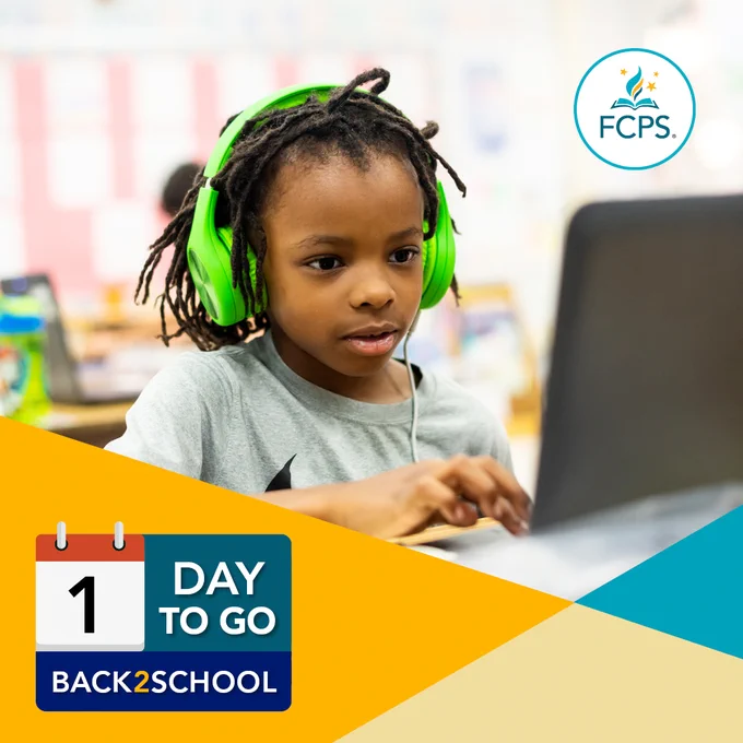 FCPS Logo top right corner. 1 Day To Go Back 2 School bottom left corner. Boy in elementary school typing on a laptop while wearing neon green headphones.