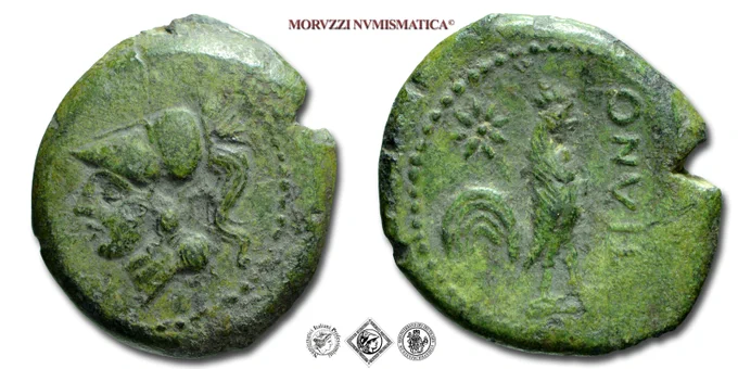 Campania, TEANUM SIDICINUM, BRONZO, Emissione: 265-240 a.C., D/ testa galeata di Atena a s., R/ TIANO, gallo stante a d.; stella, Zecca di Teano, Rif. bibl. HN Italy, 453; Metallo: AE, gr. 6,67, (MG20012), Diam.: mm. 20,78, qSPL, (NC)

Bella patina verde.

Tutte le monete, medaglie e banconote vendute dalla Moruzzi Numismatica di Roma sono garantite autentiche senza limite di tempo e accompagnate dal “Cartellino” con QR code e dal “Certificato fotografico di Autenticità e Provenienza”.